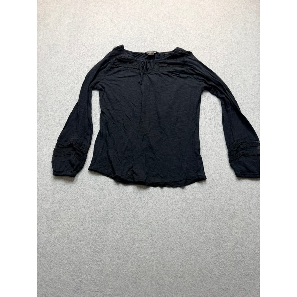 Lucky Brand Womens Black Lace Trim Long Sleeve Peasant Top Blouse Small